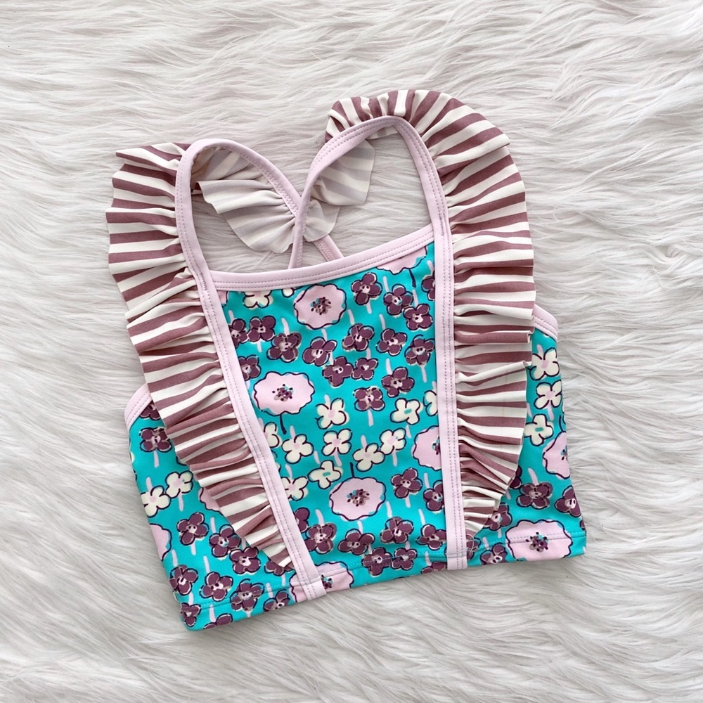 Hanna Andersson Girls Blue Purple Ruffle Floral Swimsuit Tankini Swim Top